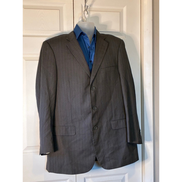 Men's Bachrach Gray Pinstripe Suit 46R with Blue Shirt